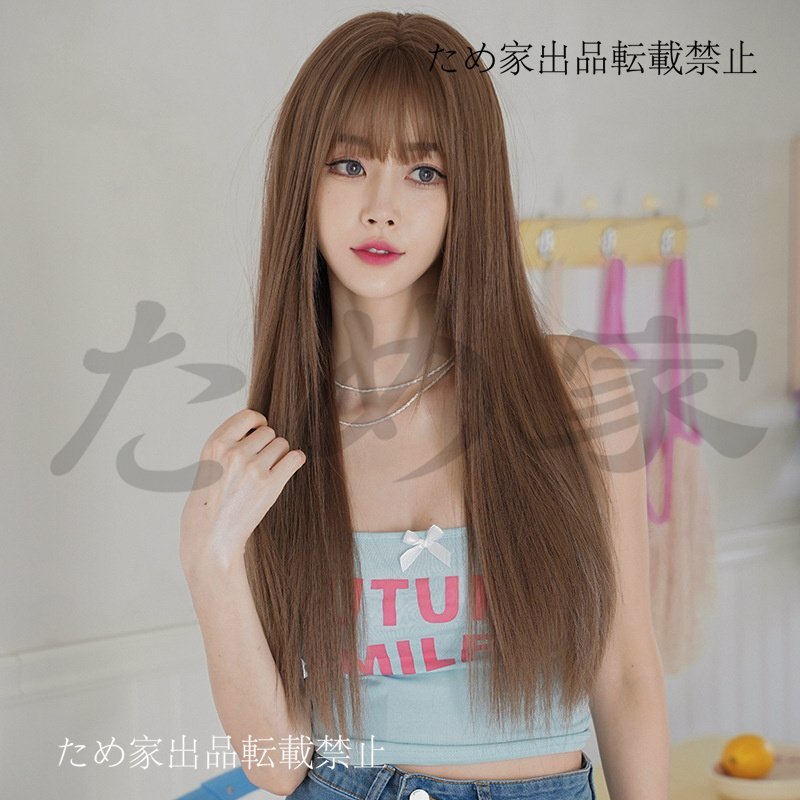 新品人毛 ロングストレート 韓国風 ナチュラルウィッグ キャラメルブラウンカラー 快適着用 つむじ部分手植え 自然に見えますフルウィッグ_画像4