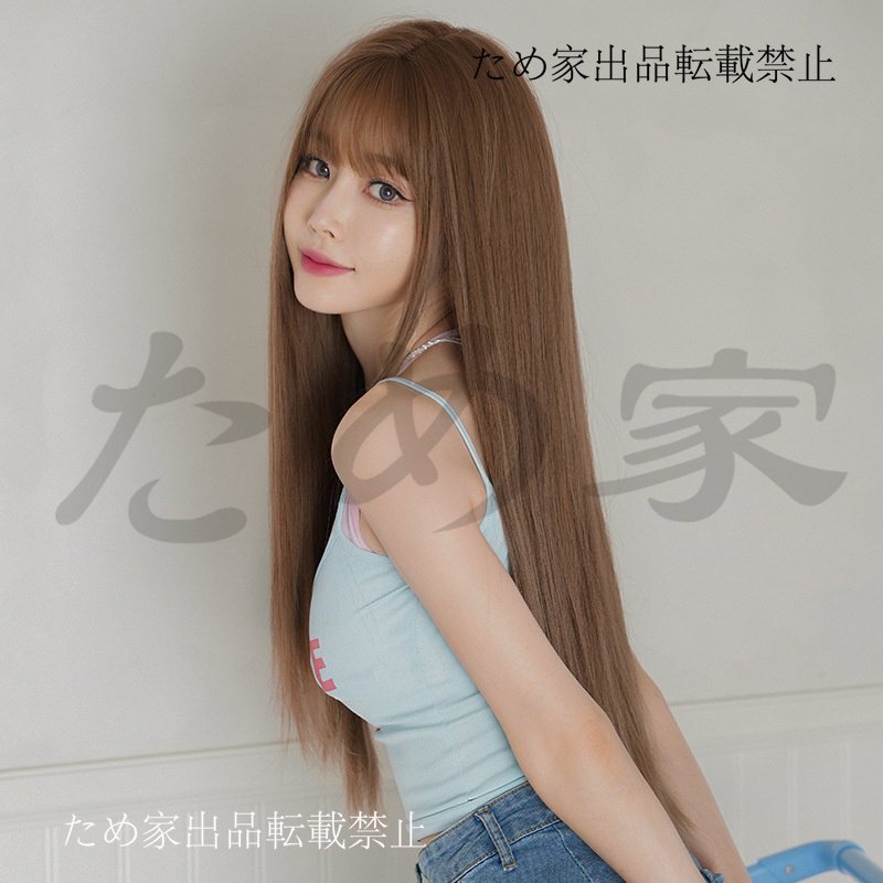 新品人毛 ロングストレート 韓国風 ナチュラルウィッグ キャラメルブラウンカラー 快適着用 つむじ部分手植え 自然に見えますフルウィッグ_画像1