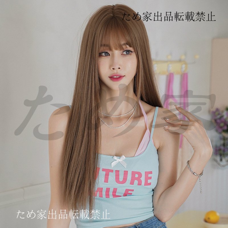 新品人毛 ロングストレート 韓国風 ナチュラルウィッグ キャラメルブラウンカラー 快適着用 つむじ部分手植え 自然に見えますフルウィッグ_画像2