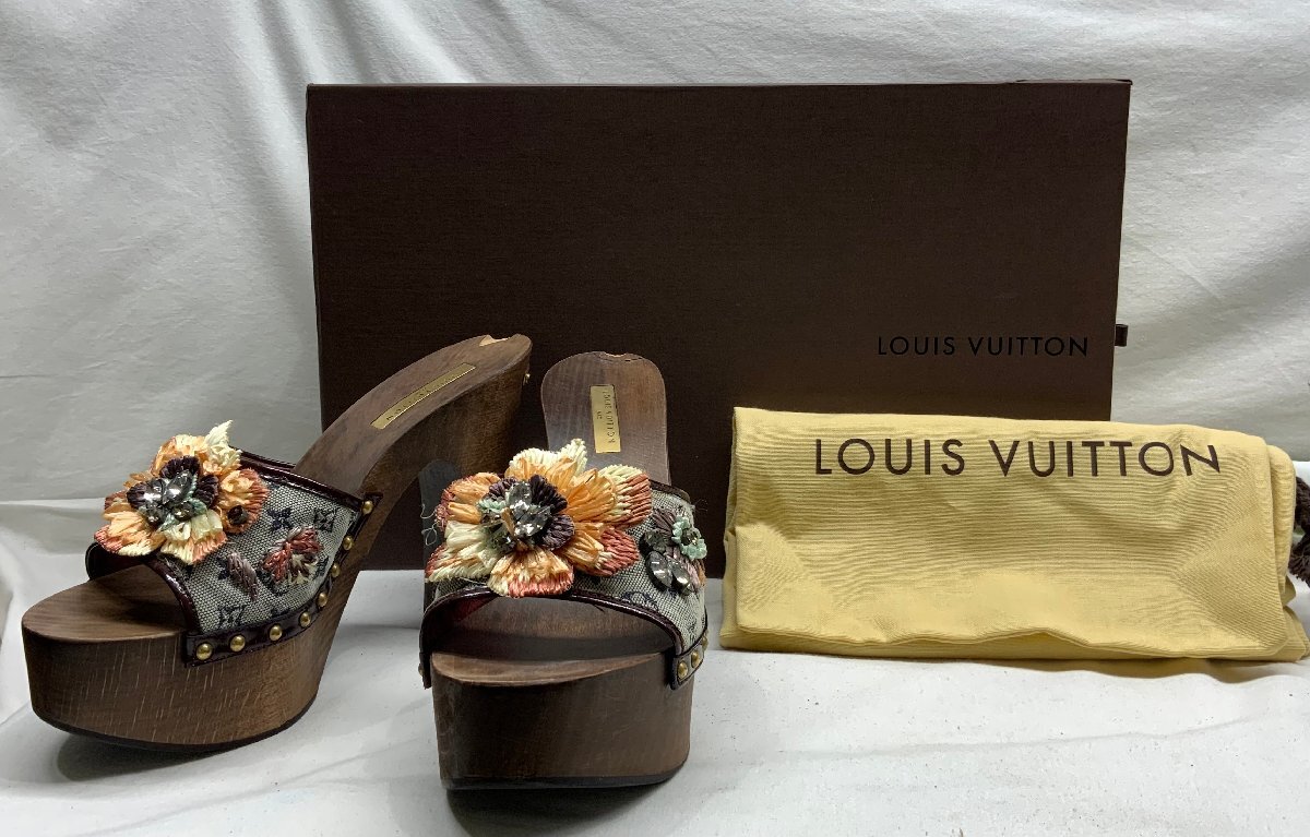 【店頭買取中古品】ルイヴィトン　モノグラム　ミニ　フラワー　サンダル　ミュール　ウッドソール　サイズ37（24cm）　箱付