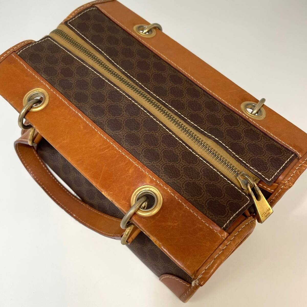 CELINE セリーヌ M17 1 ハンドバッグ PVC マカダム柄 レザー ゴールド金具 ブラウン 茶色 レディース メンズ シンプル