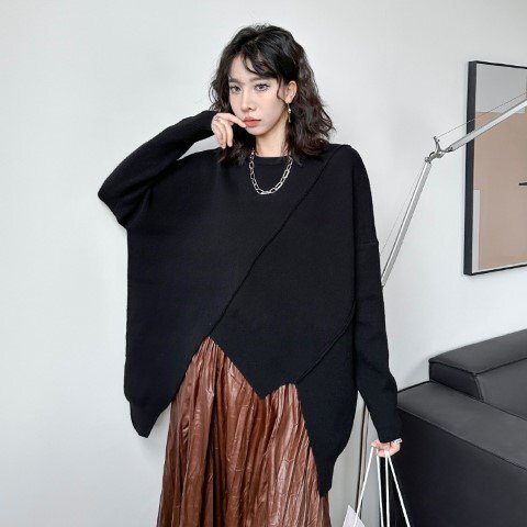トップス ニット 長袖 ゆったり アシンメトリー 個性派 カジュアル レディース フリー ブラック