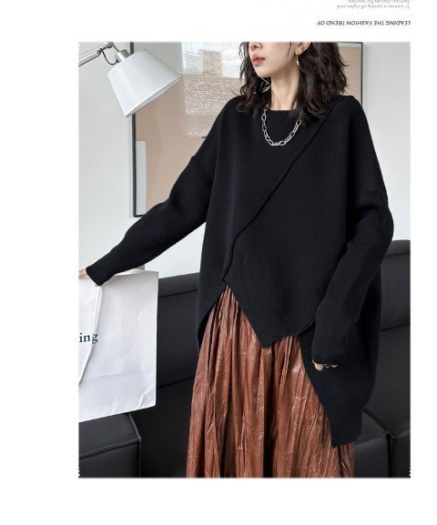 トップス ニット 長袖 ゆったり アシンメトリー 個性派 カジュアル レディース フリー ブラック