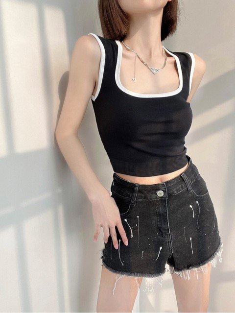 タンクトップ ショート丈 ノースリーブトップス Uネック 無地 著回し 女性用 レディース フリー コーヒー