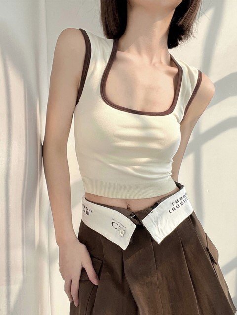 タンクトップ ショート丈 ノースリーブトップス Uネック 無地 著回し 女性用 レディース フリー コーヒー