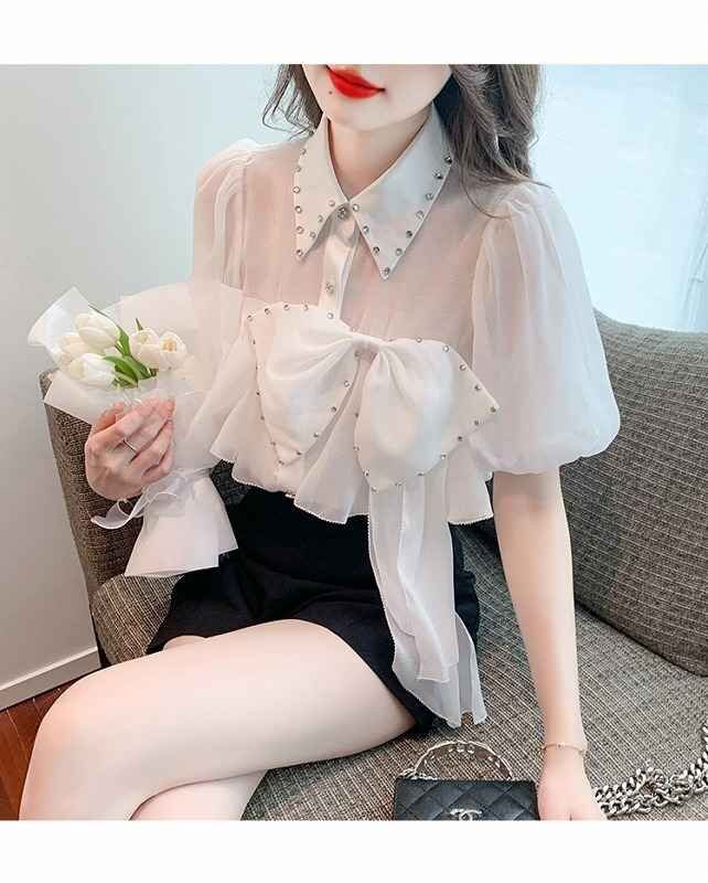 半袖シャツ ブラウス ボリューム袖 清楚 きれいめ 【大きいサイズあり】 sweet系 M ホワイト