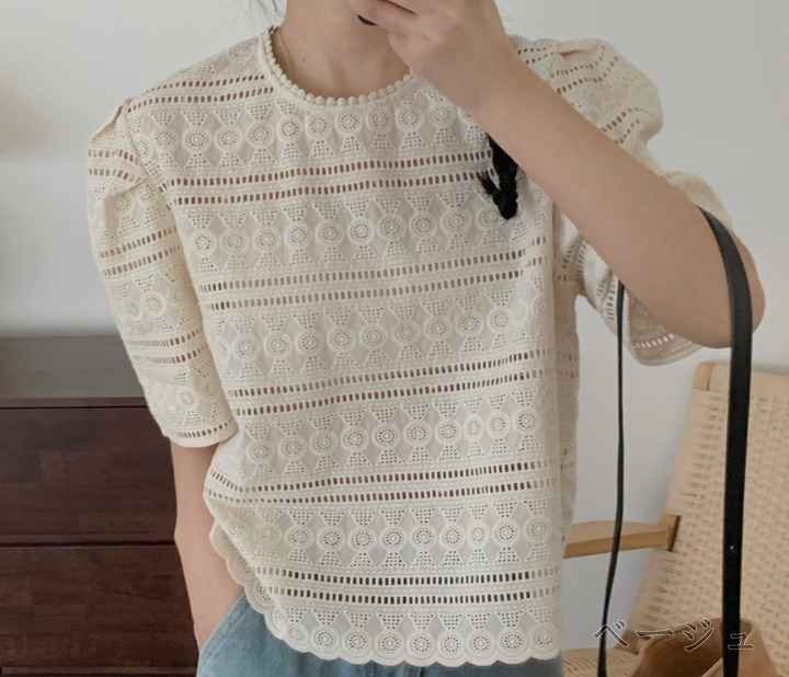 全2色 半袖トップス 透け編み 切り替え 體型カバー 著痩せ レース sweet系 フリー ホワイト