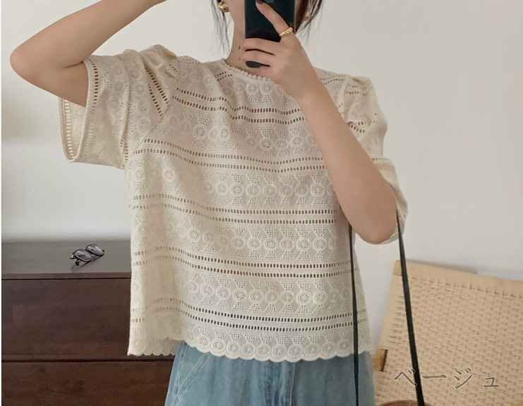 全2色 半袖トップス 透け編み 切り替え 體型カバー 著痩せ レース sweet系 フリー ホワイト