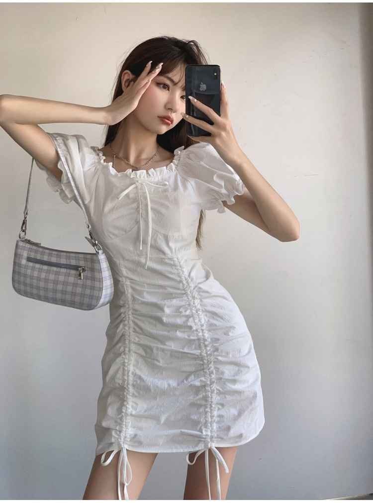 かわいい系 ショート丈 パフスリーブ ワンピース 半袖 ミニ丈 L ホワイト