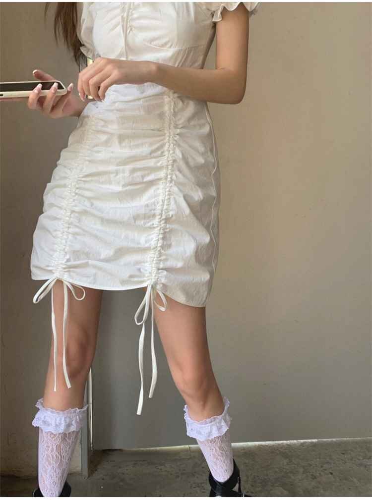 かわいい系 ショート丈 パフスリーブ ワンピース 半袖 ミニ丈 L ホワイト