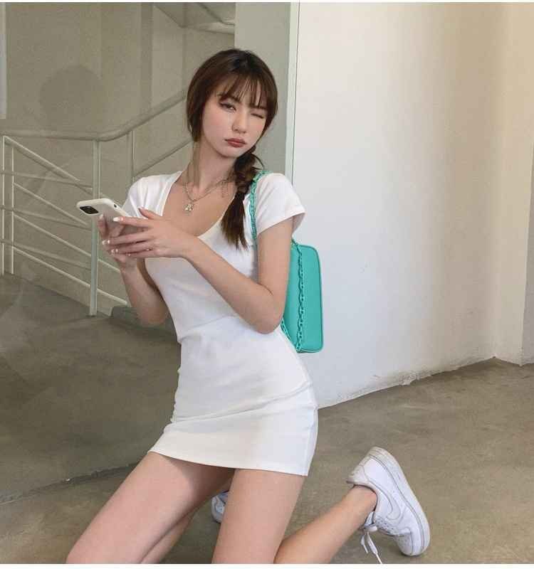 ビッグUネック 半袖 ワンピース ミニ丈ワンピ セクシー L ブラック