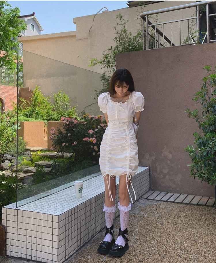 かわいい系 ショート丈 パフスリーブ ワンピース 半袖 ミニ丈 L ホワイト