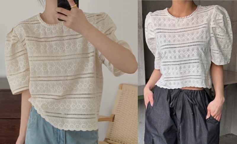 全2色 半袖トップス 透け編み 切り替え 體型カバー 著痩せ レース sweet系 フリー ホワイト