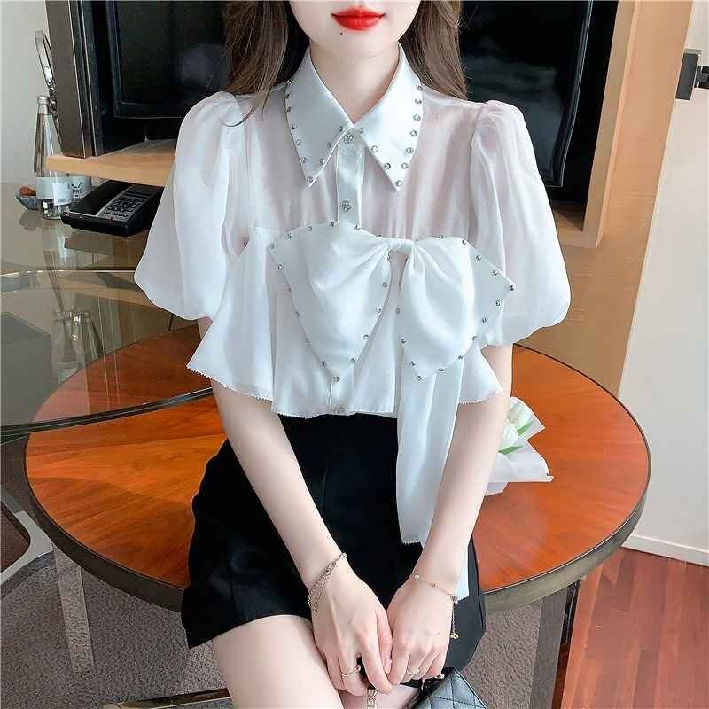 半袖シャツ ブラウス ボリューム袖 清楚 きれいめ 【大きいサイズあり】 sweet系 M ホワイト