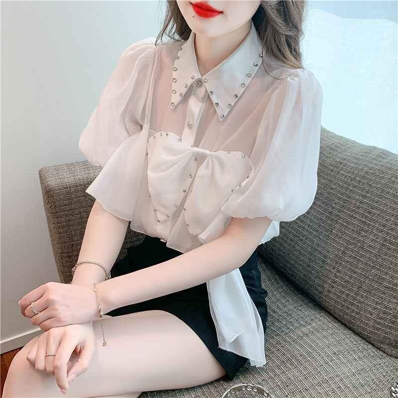 半袖シャツ ブラウス ボリューム袖 清楚 きれいめ 【大きいサイズあり】 sweet系 M ホワイト