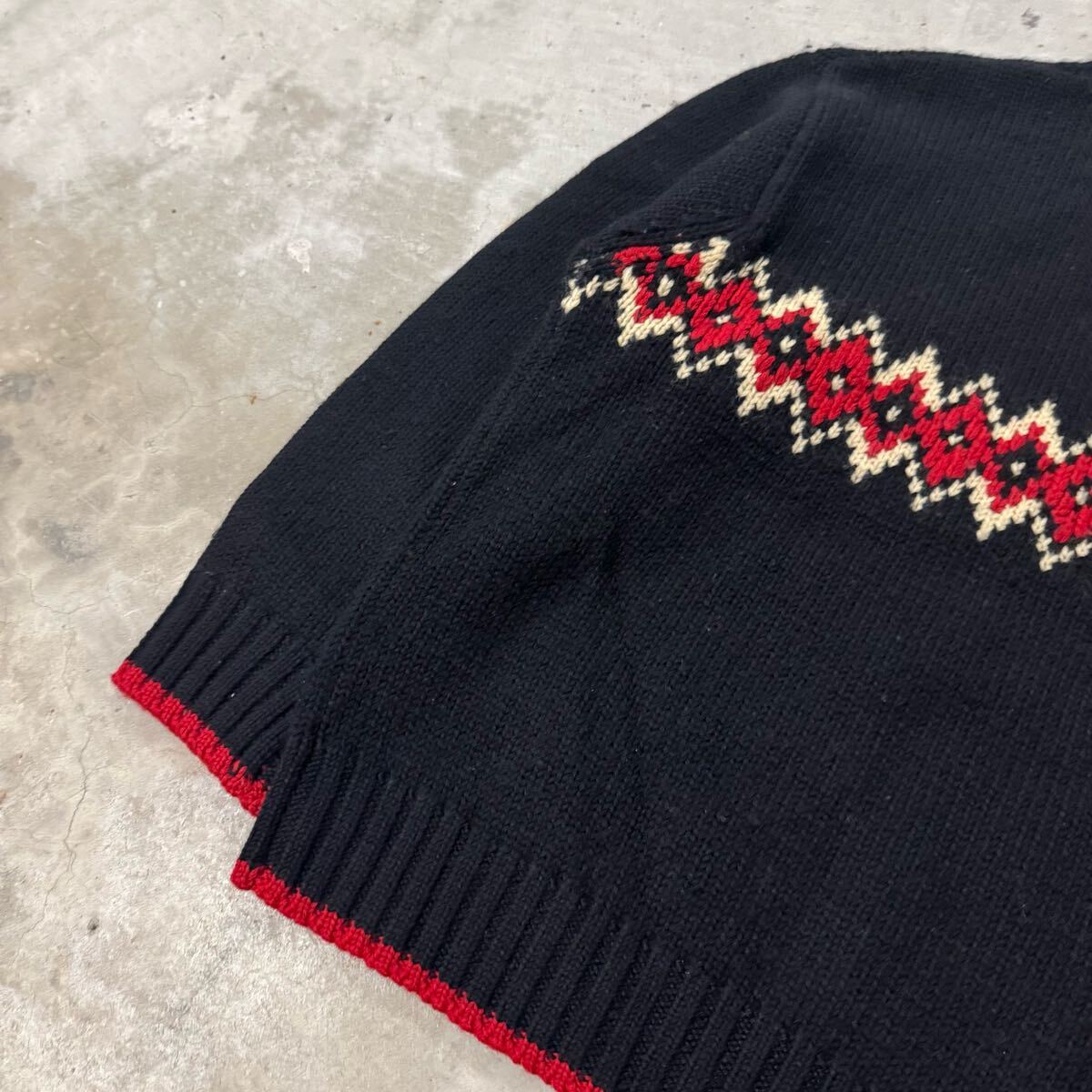 レアカラー 90s J.crew 巨人タグ ウールセーター ブラック ヴィンテージ ニット 雪柄 Vネック アメリカ古着 黒 赤 セーター 80s L