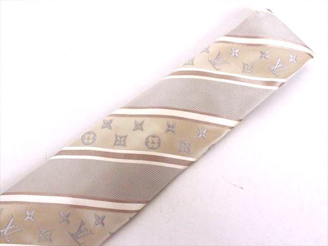 美品☆LOUIS VUITTON【ヴィトン】ストライプ×モノグラム柄 シルク100%ネクタイ☆ゴールド系☆メンズ☆ロゴ☆スーツ☆フォーマル小物