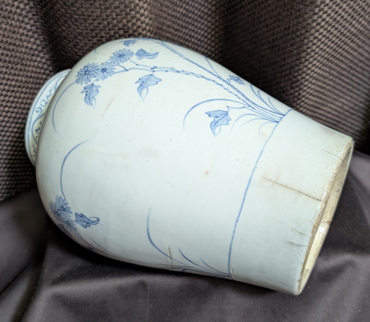 李朝 染付草花文壺 花入 後期李朝 花瓶 古美術品 置物 骨董品 染