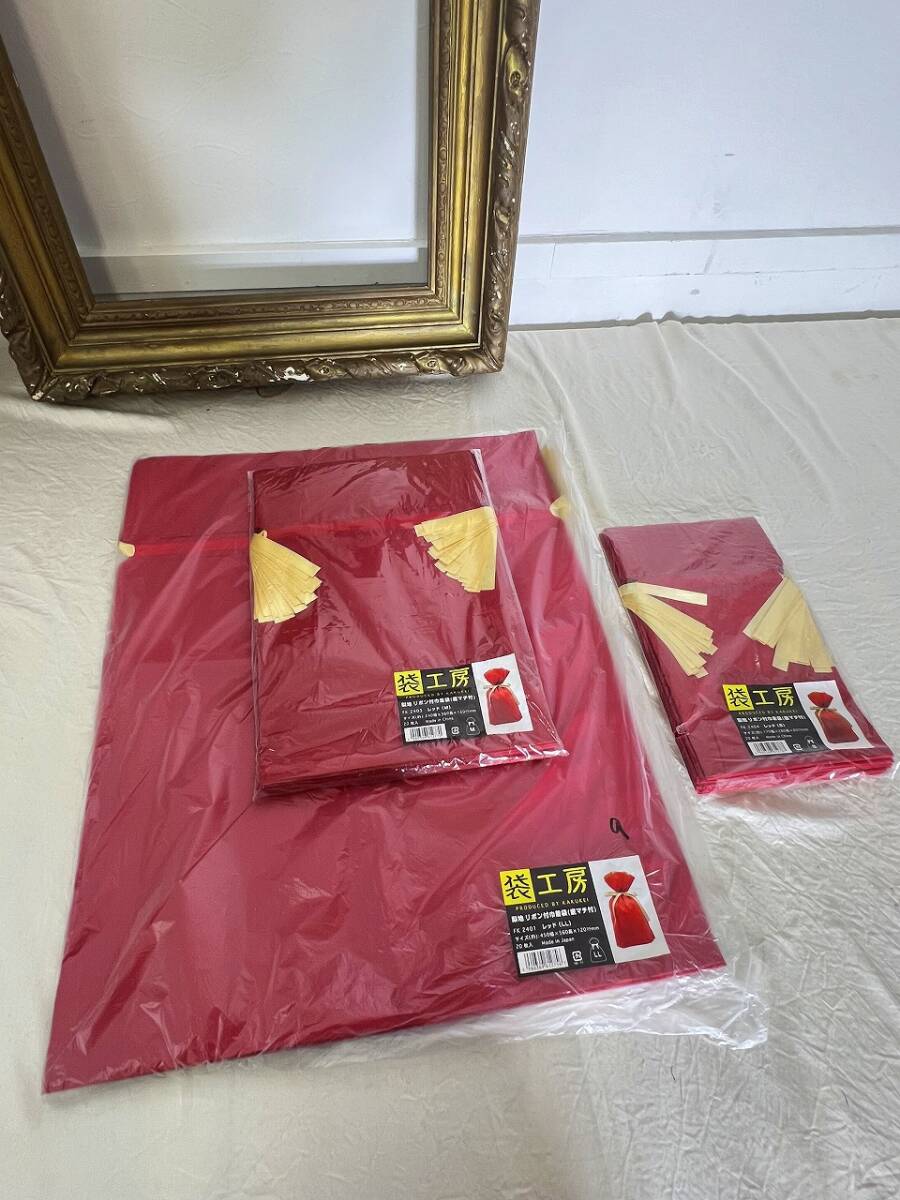 M3083【S20枚/M20枚/LL９枚★全部で49枚！】梨地　リボン付巾着袋　ラッピング袋　赤　_画像1