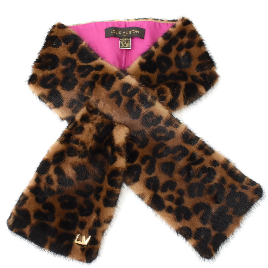 1円 ◎極美品 LOUIS VUITTON ルイヴィトン エシャルプヴィゾン ティペット マフラー レオパード ミンク ブラウン◎E.Crm.lA-18