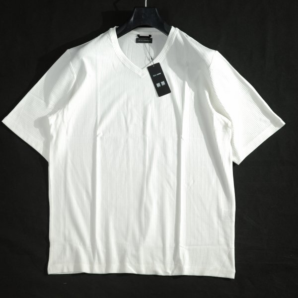 新品1円～★定価1萬 TETE HOMME テットオム メンズ 春夏 半袖 リヨセル綿テレコ Vネック Tシャツ LL リブストライプ 白 大きい◆3891◆