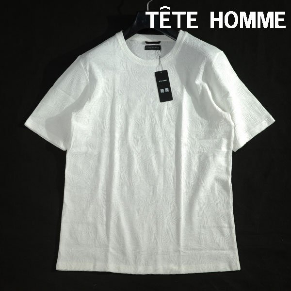 新品1円～★定価1萬 TETE HOMME テットオム メンズ 春夏 半袖 ボタニカルリンクス クルーネック Tシャツ LL リーフ柄 コットン速干◆3920◆