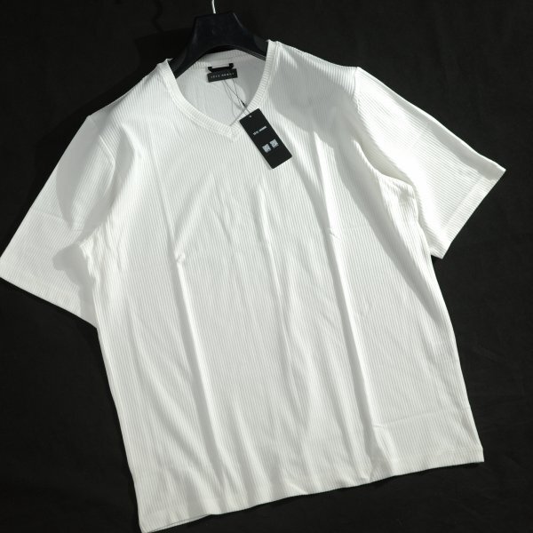 新品1円～★定価1萬(wàn) TETE HOMME テットオム メンズ 春夏 半袖 リヨセル綿テレコ Vネック Tシャツ 4L リブストライプ 白 大きい◆3892◆