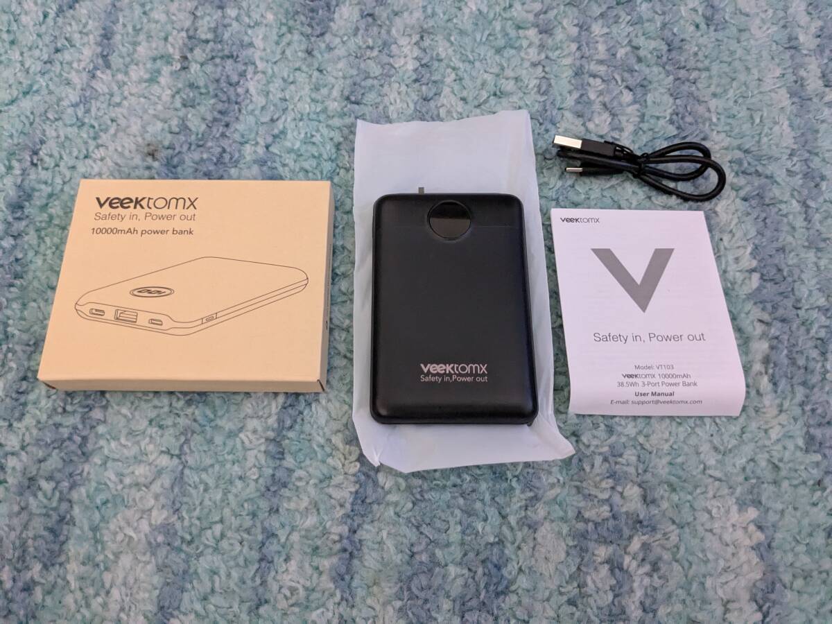 0705u2624　VEEKTOMX モバイルバッテリー 薄型 10000mAh 携帯充電器 22.5W PD QC USB Type-C出力/入力ポート ブラック