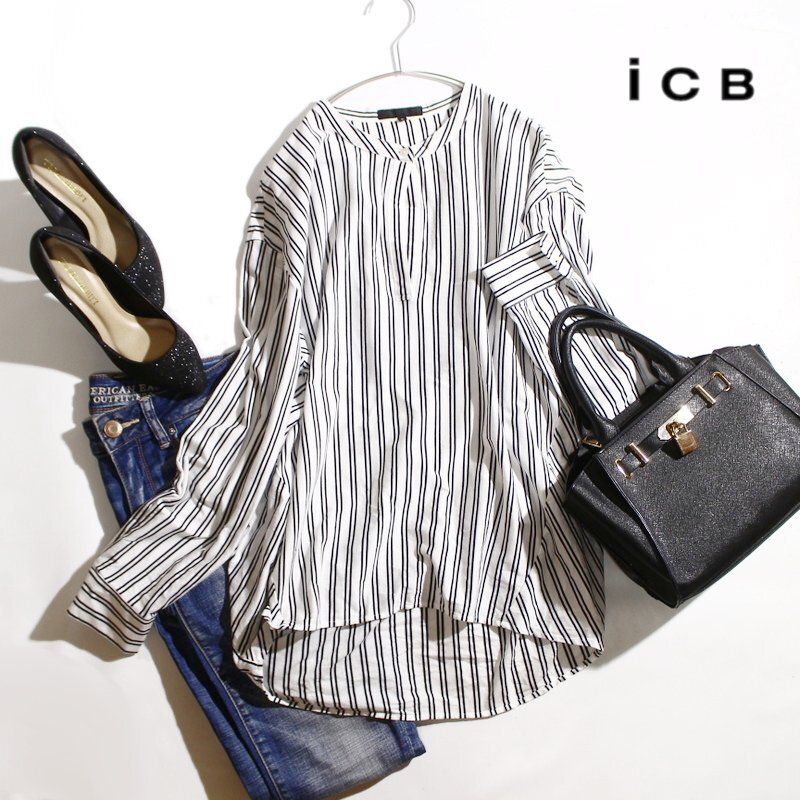 美品 ICB アイシービー 株) オンワード樫山 春 夏 透け ストライプ 柄 シャツ生地 長(zhǎng)袖 カットソー ブラウス S ブラック 黒 ホワイト 白