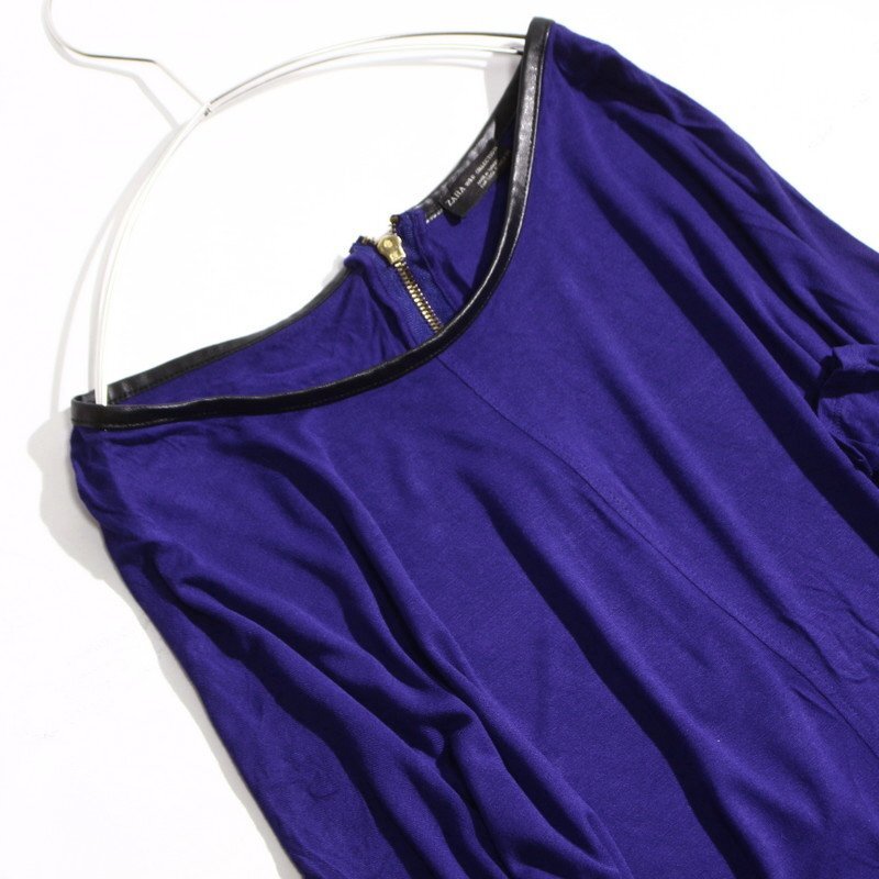 美品 ZARA ザラ レザーパイピング ストレッチ レーヨン 長袖 Tシャツ S ネイビー 紺 ブラック 黒 ドルマンカットソー カットソー 無地_画像2