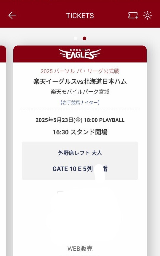 東北楽天イーグルス対北海道日本ハム　5月23日　外野レフト席　5列目