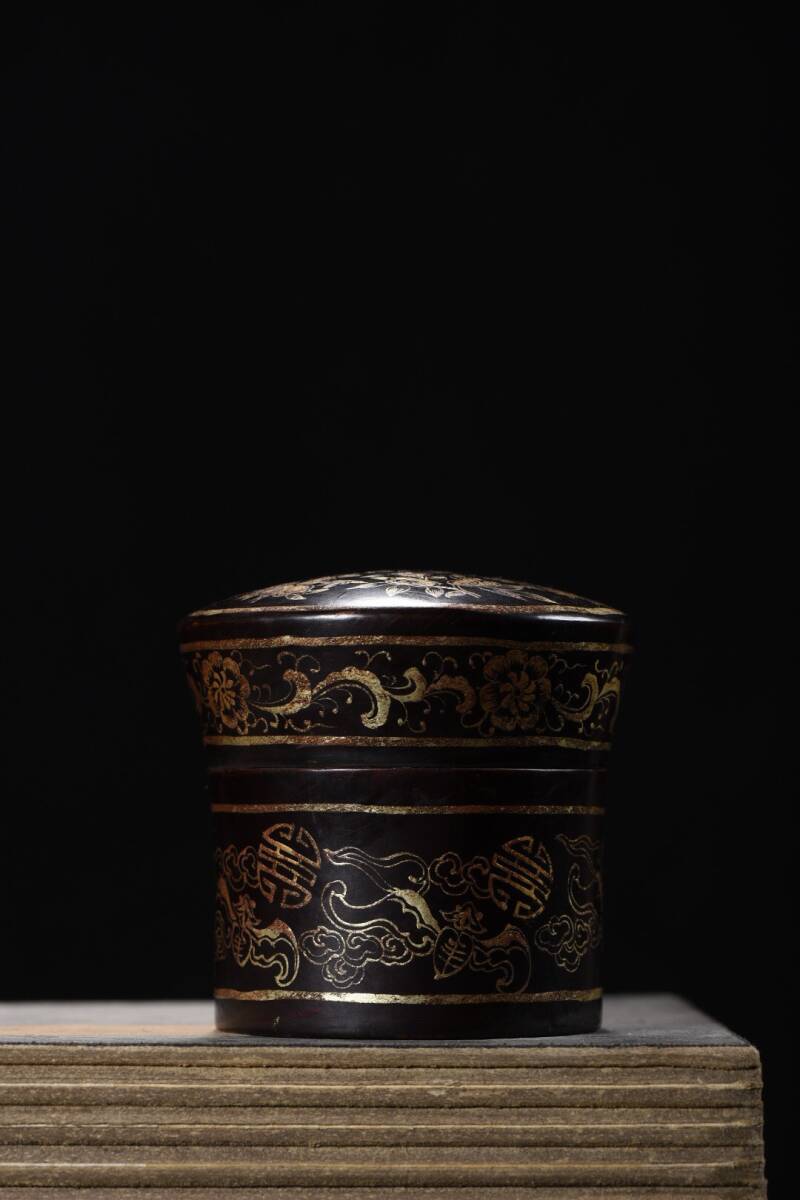 蔵友旧蔵出 木胎漆器彫 描真金 花卉福壽紋 首飾盒 貴重物品 置物 賞物 中国時代美術品 その他