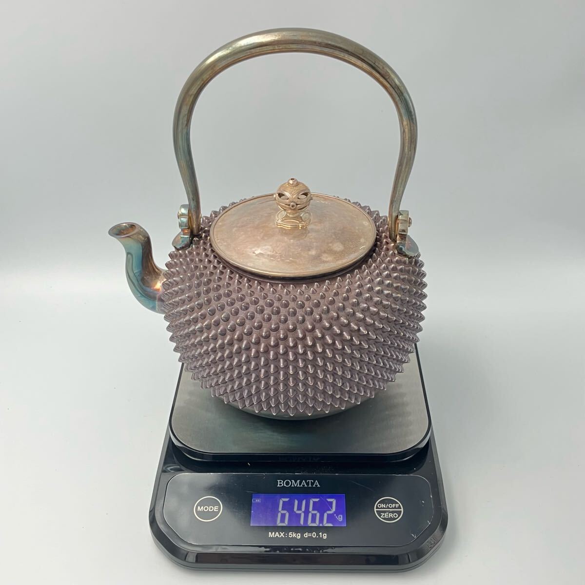【霰銀瓶】　純銀霰打丸型湯沸　銀瓶　煎茶道具 重量646g　共箱　_画像10