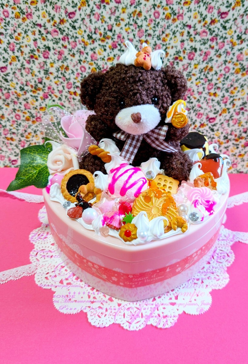 スイーツデコ月☆ハートジュエリーケース☆ブラウンくまさん☆アイス☆クッキー☆小物入れ☆ピンク