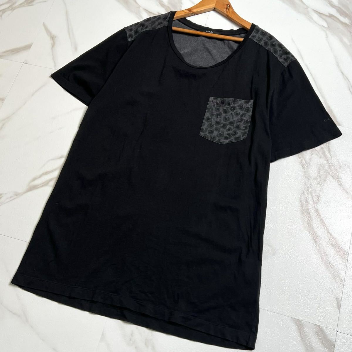XLサイズ●GUCCI グッチ Tシャツ 半袖シャツ トップス カットソー トムフォード期 アニマル柄 切替 ストレッチ 黒 ブラック