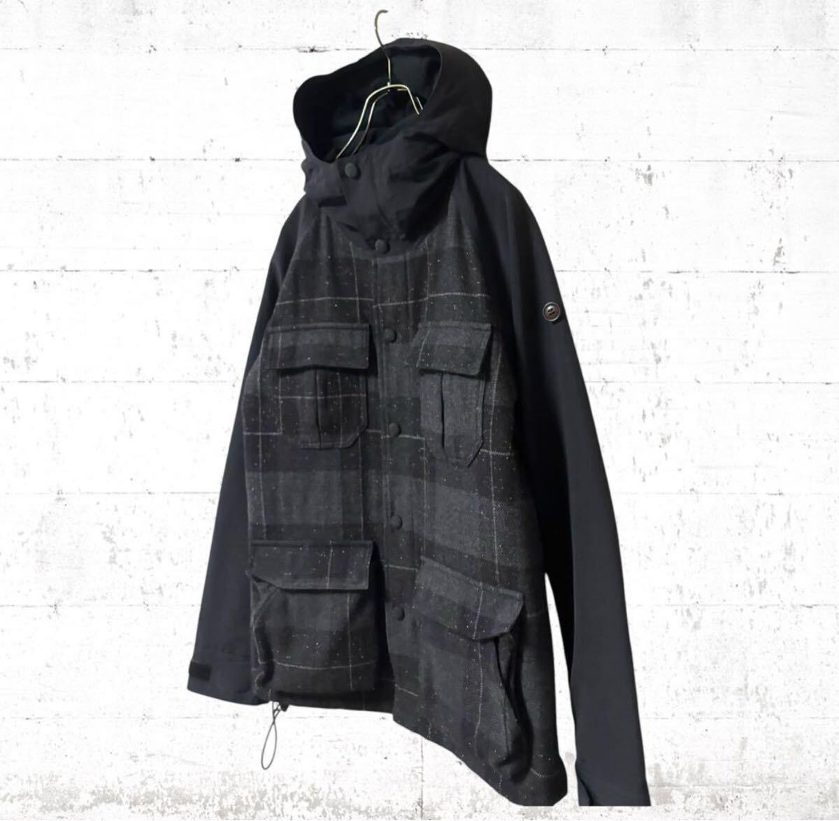 glamb マウンテン パーカー チェック ウール ナイロン　切替 グラム 里地メッシュ 黒色 ブラック 灰色 グレー Mサイズ ジャケット