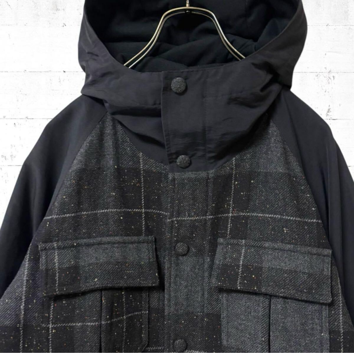 glamb マウンテン パーカー チェック ウール ナイロン　切替 グラム 里地メッシュ 黒色 ブラック 灰色 グレー Mサイズ ジャケット