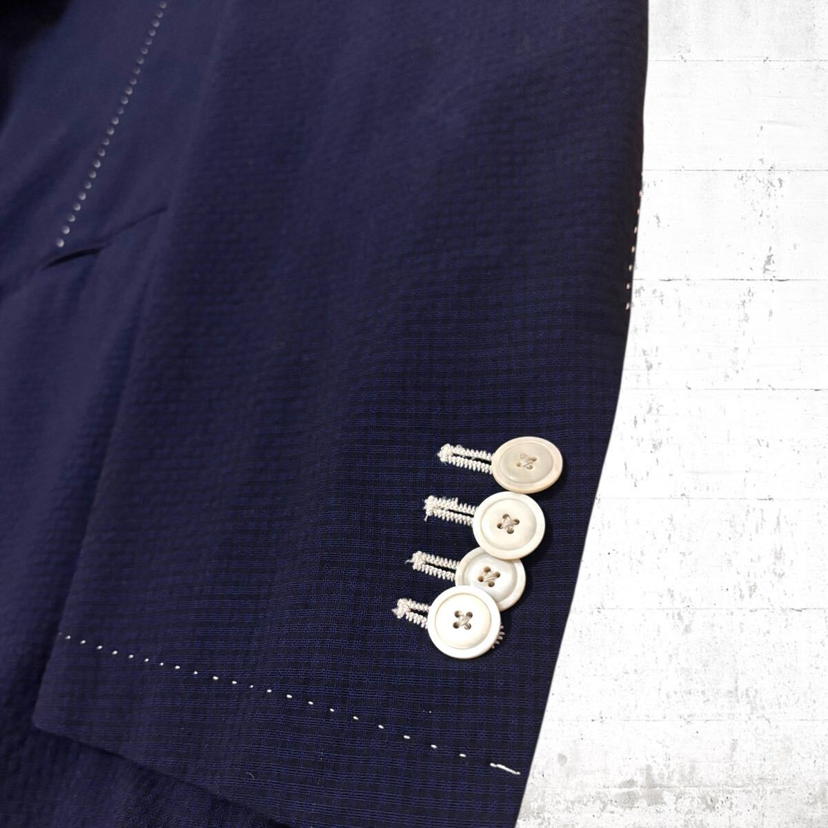 美品　LARDINI シアサッカー　テーラード　ジャケット　ウール　ステッチ　ラルディーニ　イタリア製　ネイビー　紺色　48 L アンコン