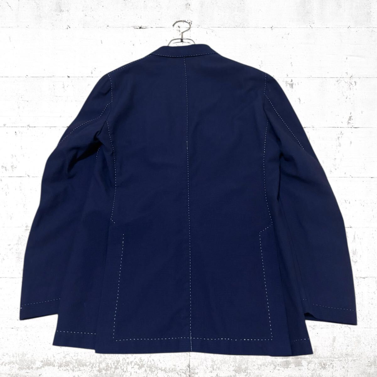 美品　LARDINI シアサッカー　テーラード　ジャケット　ウール　ステッチ　ラルディーニ　イタリア製　ネイビー　紺色　48 L アンコン