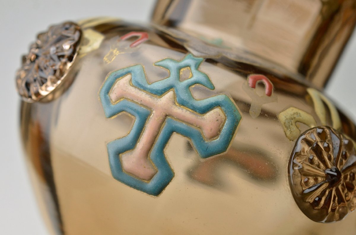 【YB】Emile Galle(エミール?ガレ)貴重な初期本人作 エナメル彩獅子花カメオ十字文花瓶【技法】金彩アプリカシオン★西洋アンティーク花器