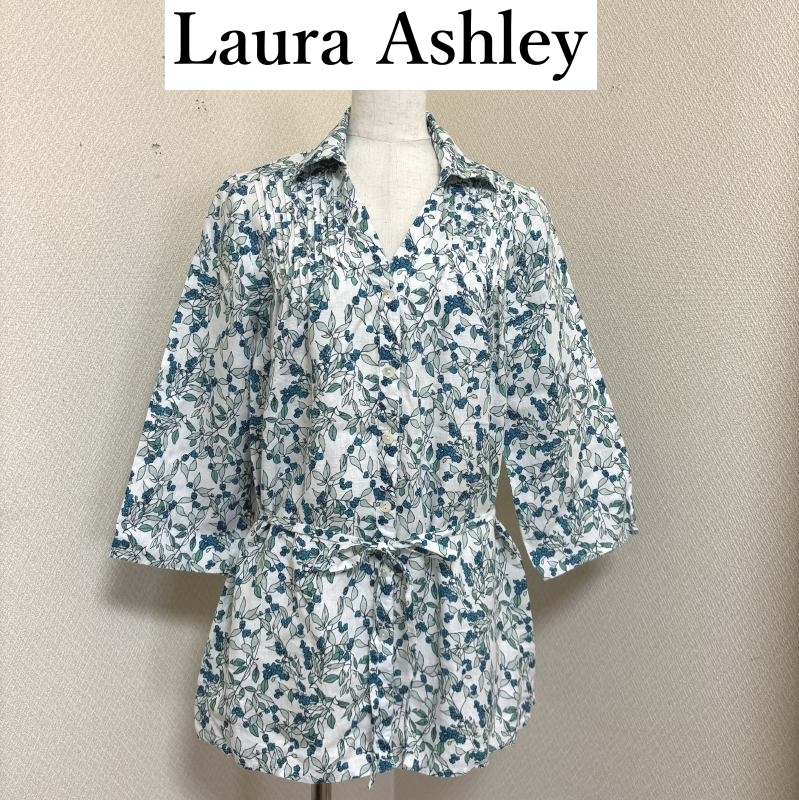 Laura Ashley ローラアシュレイ リネンシャツ スキッパーシャツ ボタニカル　花柄 フラワープリント ホワイト グリーン 7號(hào)
