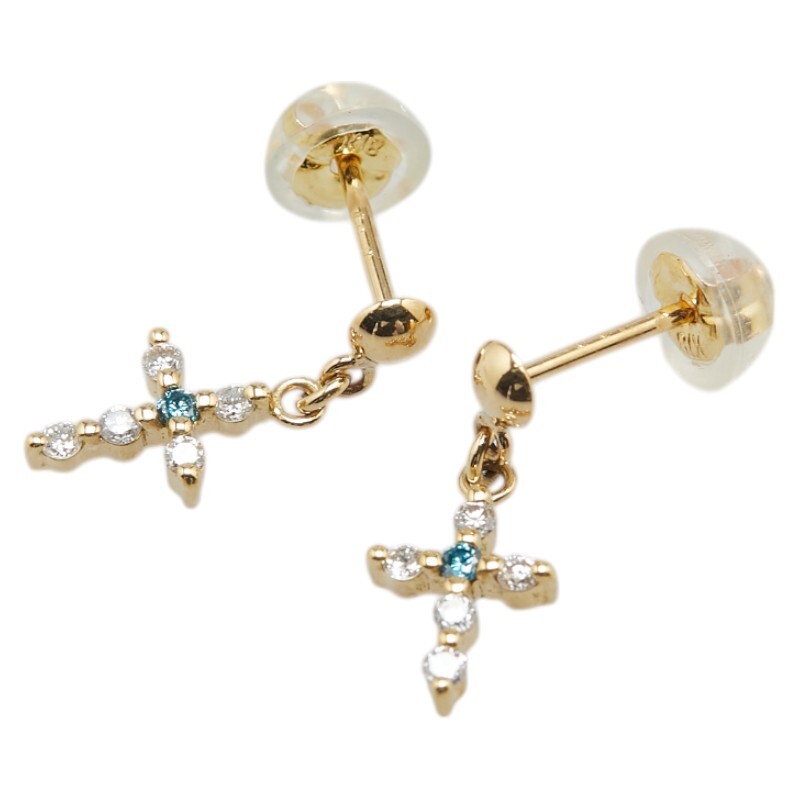 K18YG イエローゴールド ダイヤ0.14ct クロス 十字架 モチーフ ピアス レディース 中古
