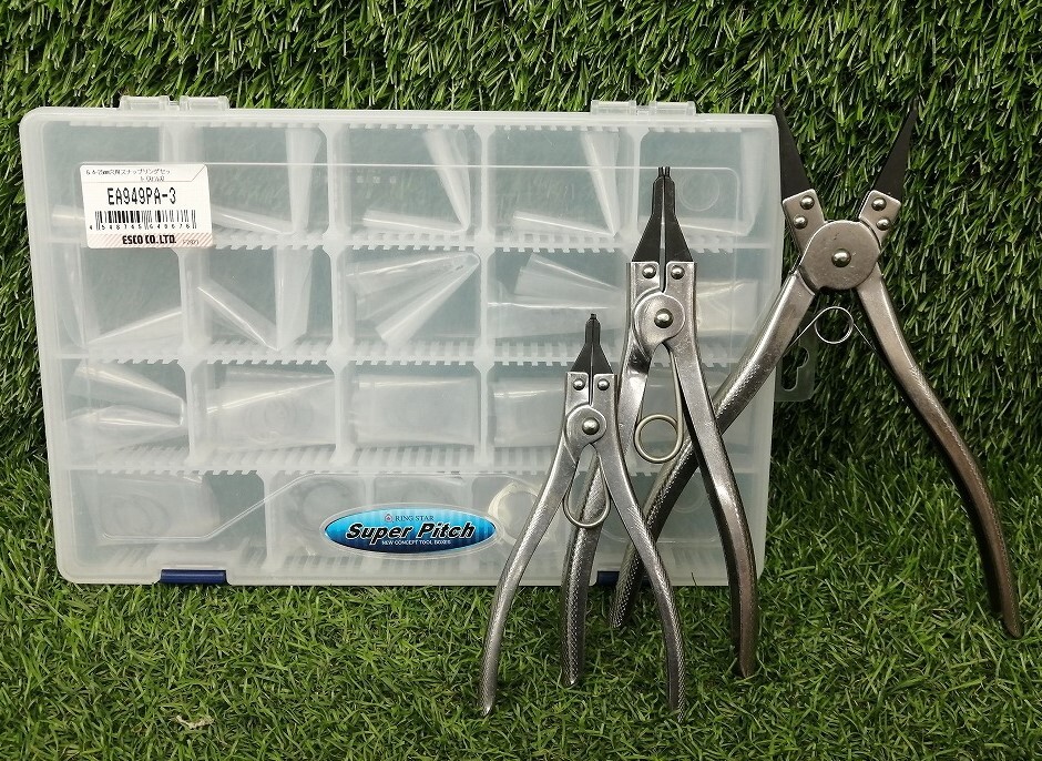中古品 スーパーツール エスコ 6.4mm-25mm 穴用スナップリングセット EA949PA-3 + スナップリングプライヤー CS-0 CS-1 CH-4 計(jì)4點(diǎn)セット