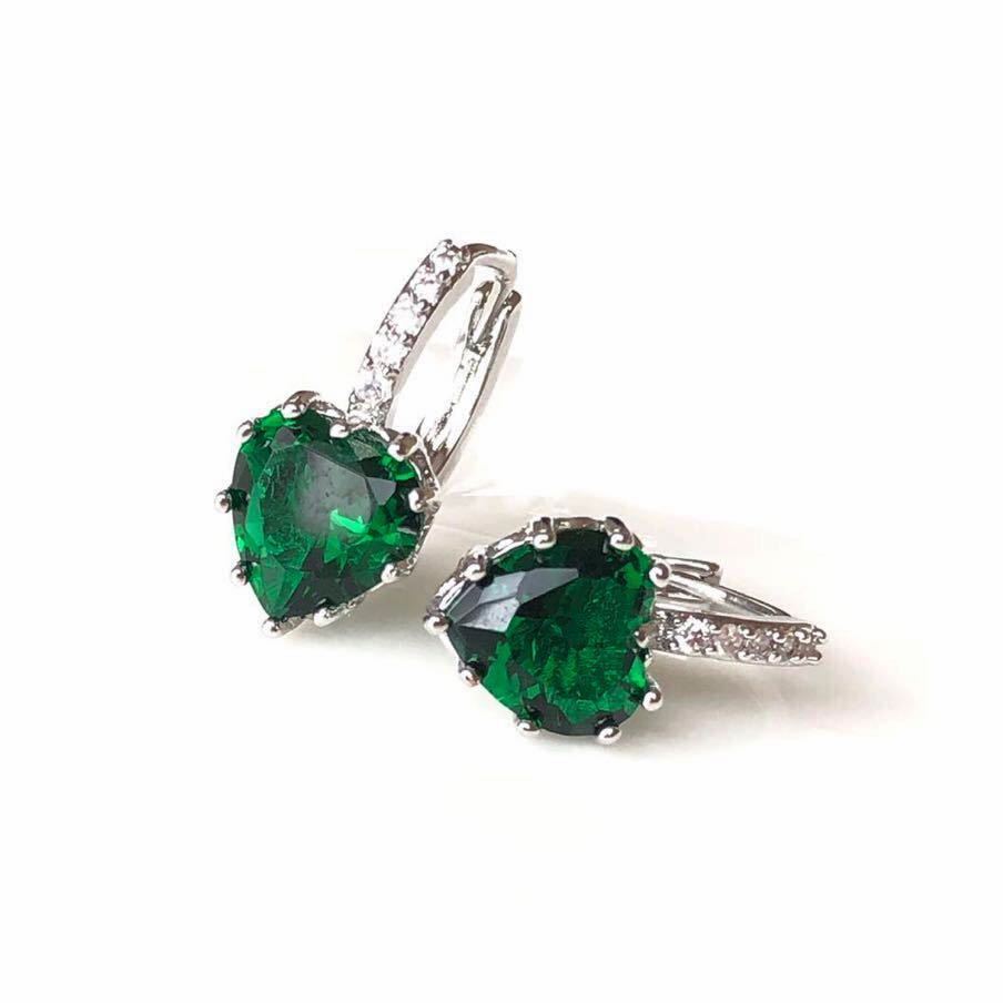 新品　ハート　AAA CZ エメラルド　シルバーピアス　グリーン　ダイヤモンドピアス　可愛(ài)い　プレゼント　ハートピアス　送料無(wú)料