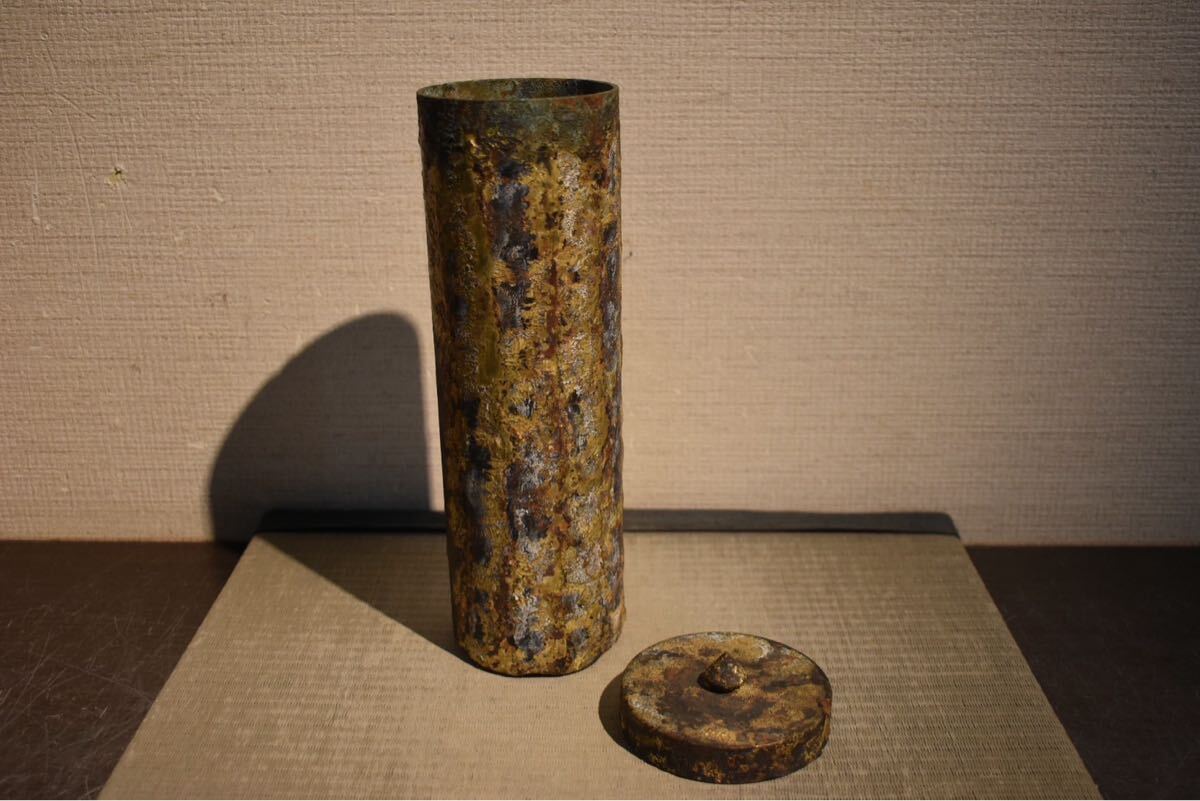 GE】E592【コレクター所蔵品】時代 青銅鍍金経筒 箱書/仏教美術