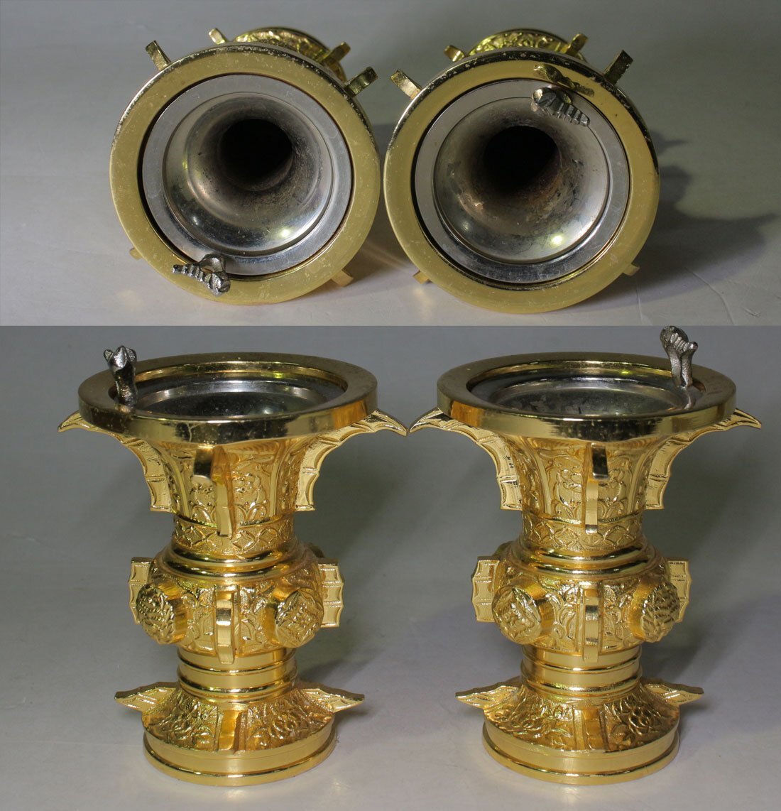 時代市場■美品■研精銘■大谷派 金メッキ丸型彫入鶴亀五具足■東本愿寺?仏具?仏像?仏教美術(shù)