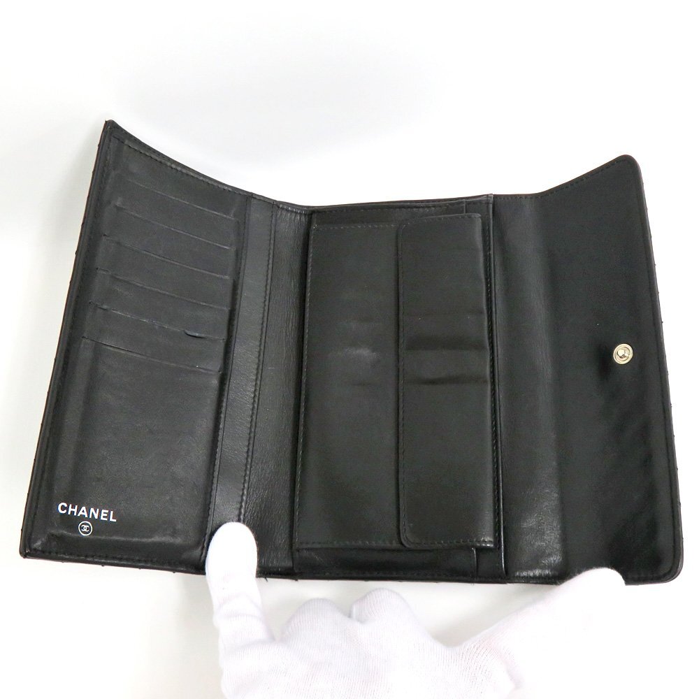 【名古屋】1円～ シャネル 長(zhǎng)財(cái)布 Vステッチ ラムスキン ブラック シルバー金具 11番臺(tái) 黒 三つ折り レザー 小物 N2505-07-300966sh