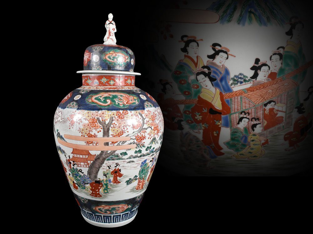 雲】某名家買取品 古伊万里 色絵金彩楼閣山水元禄美人絵付蓋付