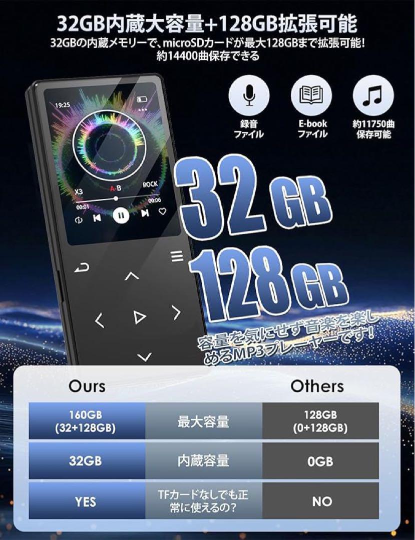 mp3プレーヤー 32GB 音楽プレイヤー bluetooth5.0 TFカード対応 スピーカー內(nèi)蔵 多機能 超長再生時間 Black