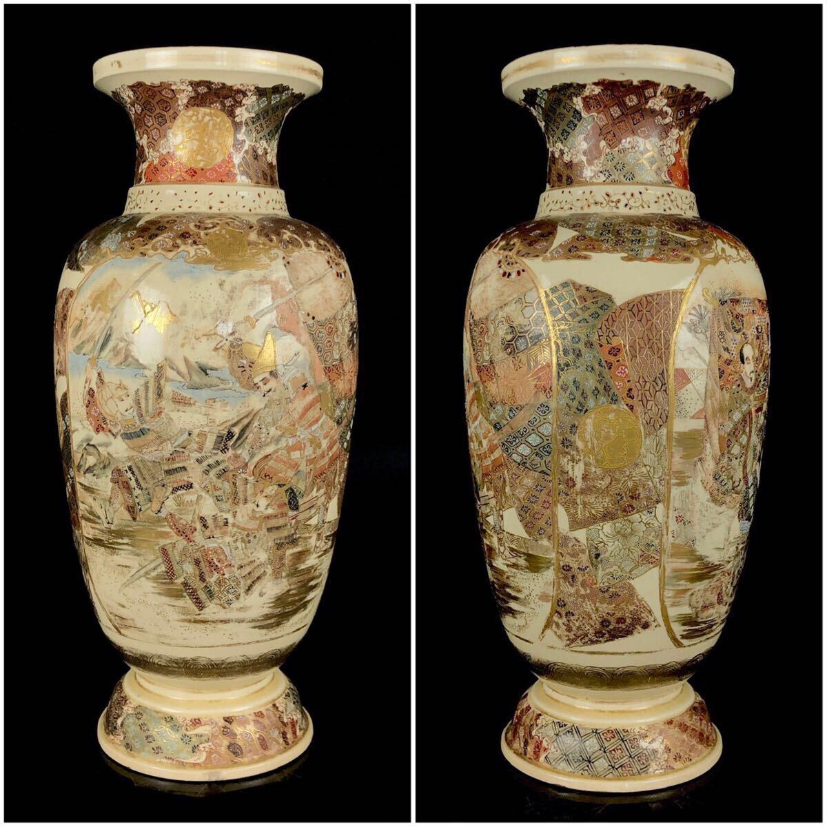 後】日本美術 薩摩焼 金襴手 花瓶 金彩 色絵 武士 人物風景図 窓